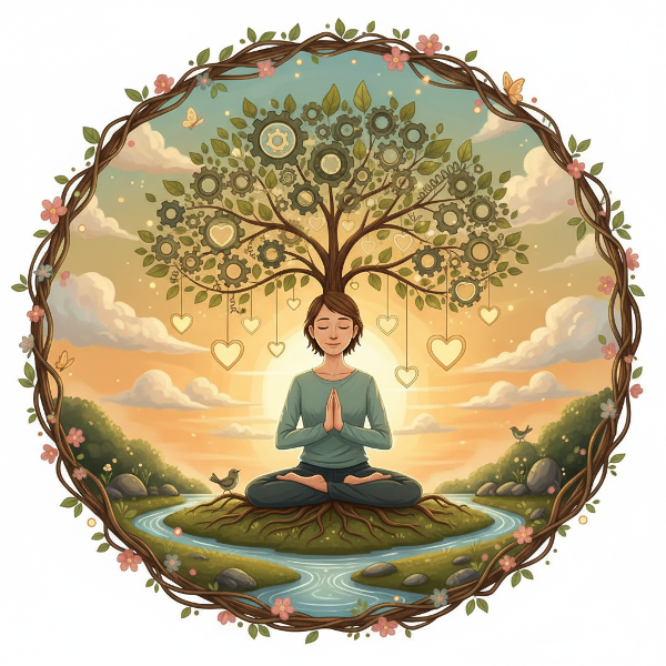 Μια εικόνα που απεικονίζει την εσωτερική ισορροπία και ευημερία μέσα από συμβολικά στοιχεία σε έναν ήρεμο κήπο.