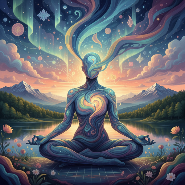 Μια αφηρημένη ψηφιακή ζωγραφιά που απεικονίζει μια ανθρώπινη φιγούρα σε διαλογιστική στάση, με στροβιλιζόμενα χρώματα που αντιπροσωπεύουν εσωτερικές σκέψεις και συναισθήματα, σε ένα υβριδικό τοπίο πραγματικότητας και προσδοκιών.