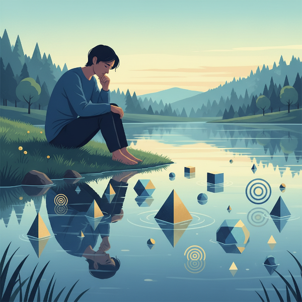 Μια εικόνα που απεικονίζει έναν άνθρωπο σε σκέψη μπροστά σε μια ήρεμη λίμνη, με γεωμετρικά σχήματα που αντιπροσωπεύουν συναισθήματα και σκέψεις, σε έναν ισορροπημένο χρωματικό χώρο.