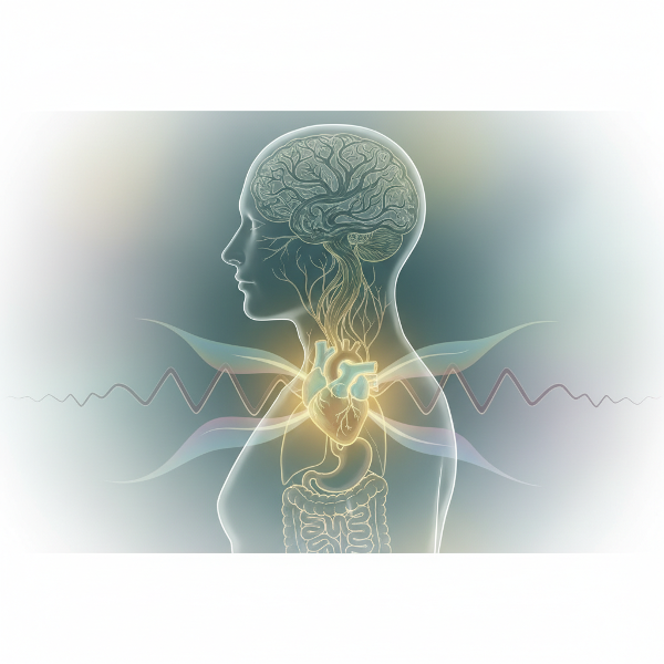 Μια συμβολική απεικόνιση της σύνδεσης μυαλού-σώματος, με μια σιλουέτα ανθρώπου που έχει εγκέφαλο από ρίζες δέντρων που εκτείνονται προς μια λάμπουσα καρδιά και ζωτικά όργανα.