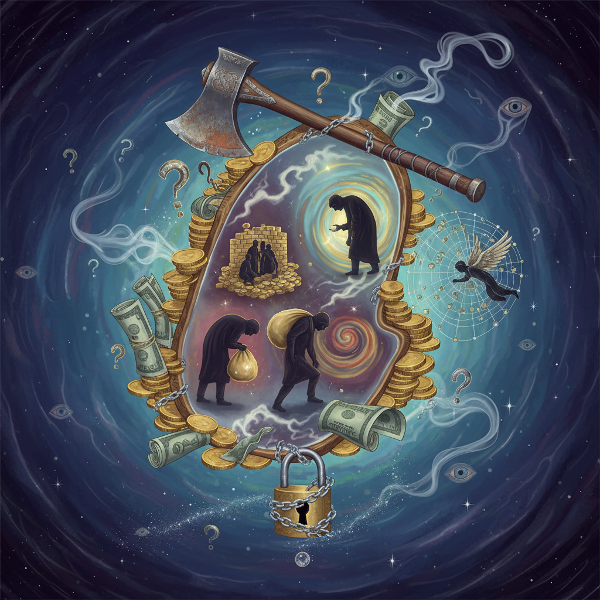 Μια συμβολική εικόνα που απεικονίζει το χρήμα ως καθρέφτη που αντανακλά βαθύτερες ανάγκες και συναισθήματα, παρουσιάζοντας την οικονομική ελευθερία ως ένα πολύπλευρο και συχνά αμφίσημο πράγμα.