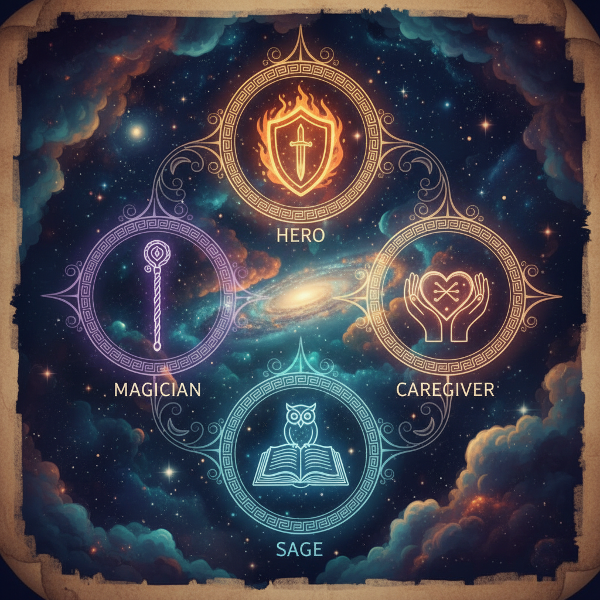 Μυστικιστικός χάρτης της ψυχής με τα τέσσερα αρχέτυπα του Γιουνγκ να λάμπουν μέσα σε ένα ονειρικό, κοσμικό σκηνικό.