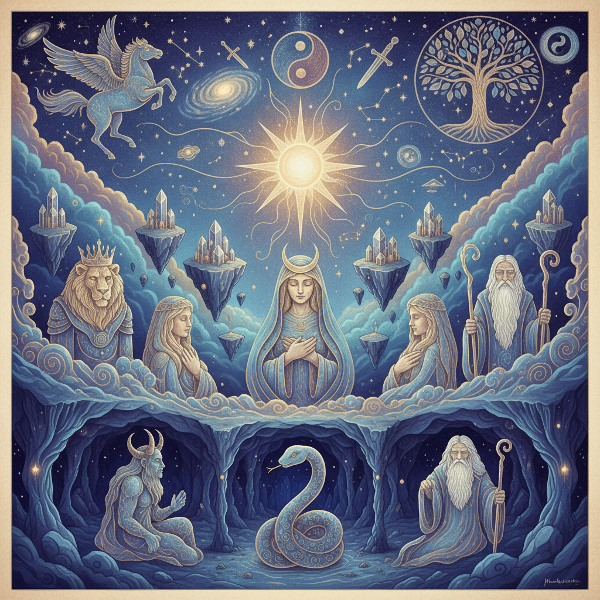 Μια μυστηριώδης, συμβολική απεικόνιση της ανθρώπινης ψυχής ως κοσμικό, στρωματοποιημένο τοπίο. Αρχέτυπες μορφές αναδύονται από στροβιλιζόμενα σχέδια, αντιπροσωπεύοντας καθολικούς μύθους και εσωτερικές δυνάμεις. Ουράνια, ονειρική ατμόσφαιρα.