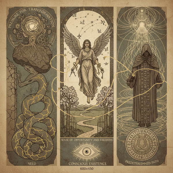 Μια μυστηριώδης, συμβολική απεικόνιση των τριών αρχετύπων της μοίρας: Ανάγκη, Τύχη και Πεπρωμένο, εμπνευσμένη από την αναλυτική ψυχολογία του Jung και τη μυθολογία.