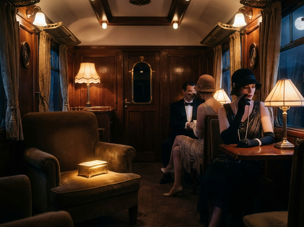 Μυστηριώδες αντικείμενο κάτω από κάθισμα στο πολυτελές βαγόνι του Orient Express, με άγνωστους επιβάτες και νυχτερινό τοπίο.