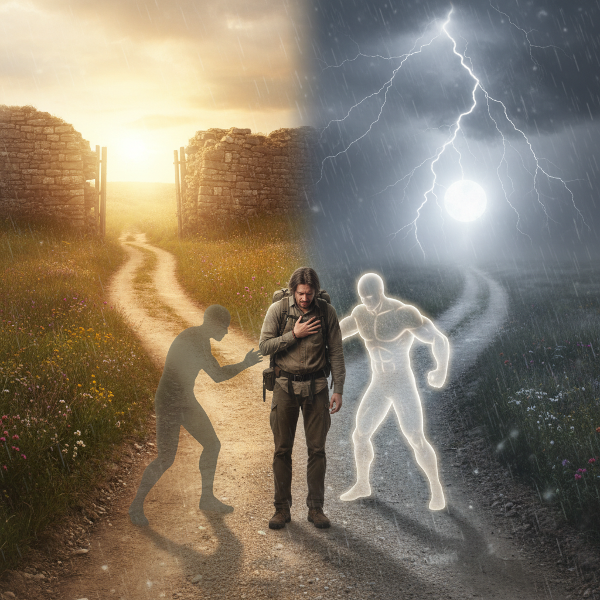 Ένας άνθρωπος σε σταυροδρόμι ανάμεσα σε δύο διαφορετικούς δρόμους, που συμβολίζουν την αποφυγή και την αντιμετώπιση των προκλήσεων, με έντονα συναισθήματα και συμβολικές φιγούρες.