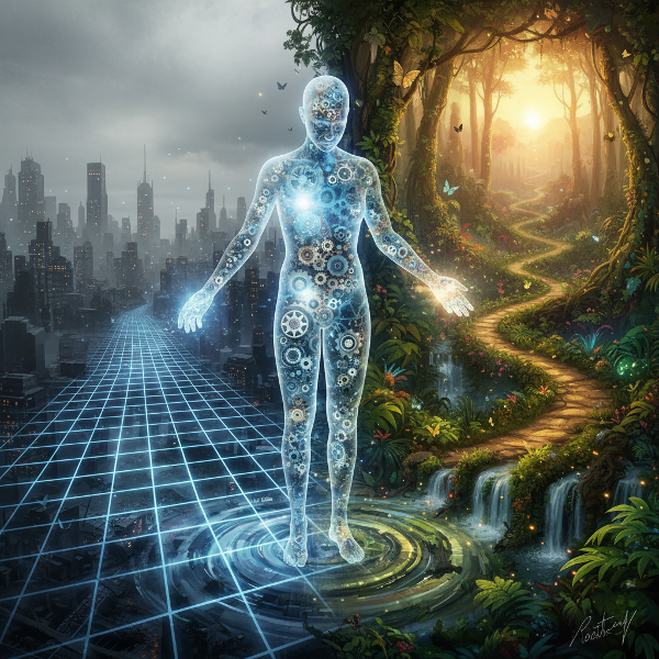 Ένα άτομο σε σταυροδρόμι ανάμεσα σε έναν άκαμπτο, γεωμετρικό πλέγμα κοινωνικών προσδοκιών και έναν ελεύθερο, οργανικό τοπίο προσωπικής αυθεντικότητας.