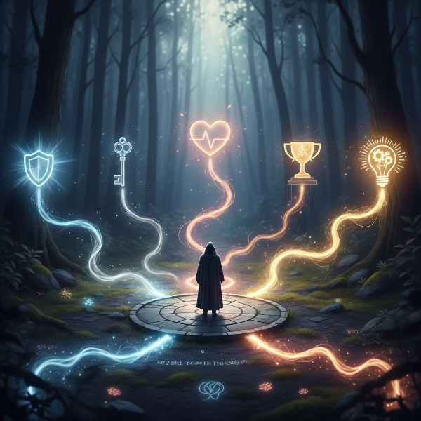 Ένας συμβολικός δρόμος με διακλάδωση προς πέντε διαφορετικές οδούς, καθεμία με ένα φωτεινό σύμβολο που αντιπροσωπεύει μια βασική αξία.