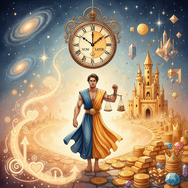 Μια συμβολική απεικόνιση ενός ατόμου σε σταυροδρόμι, ανάμεσα σε εσωτερική ικανοποίηση και εξωτερικές ανταμοιβές, με ένα ρολόι που συμβολίζει τη χρονοτριβή και την άμεση δράση.