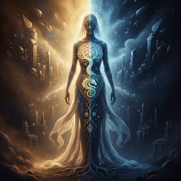 Ένας άνθρωπος σε σταυροδρόμι φωτός και σκιάς, με περίπλοκα, φωτεινά σχέδια που αναδύονται από την καρδιά του, συμβολίζοντας την κρυφή ψυχική δύναμη και ανθεκτικότητα.