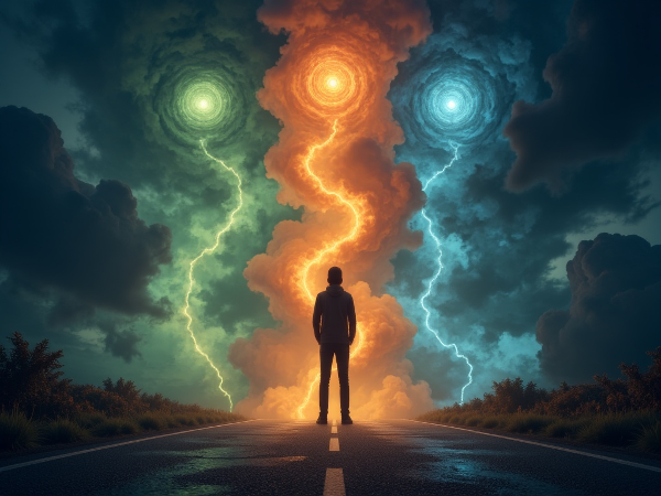 Μια συμβολική εικόνα ενός ατόμου σε σταυροδρόμι με τρεις διαφορετικούς δρόμους που αντιπροσωπεύουν διαφορετικά στυλ αντιμετώπισης του στρες.