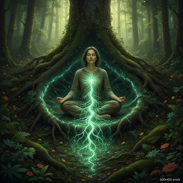 Ένα άτομο διαλογίζεται σε ένα πλούσιο πράσινο δάσος, με φωτεινές ρίζες που συνδέουν την καρδιά του με τη γη, συμβολίζοντας τη σύνδεση με τη φύση, την οικοθεραπεία και την υγεία του πλανήτη.