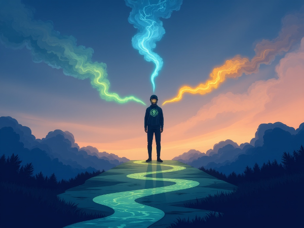 Μια συμβολική αφηρημένη απεικόνιση που αντιπροσωπεύει ένα τεστ προσωπικότητας, με ένα άτομο σε σταυροδρόμι τριών διαφορετικών λάμπωντα μονοπατιών.