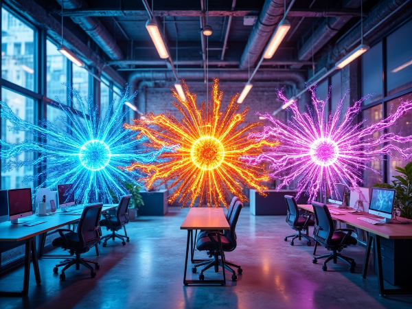 Μια αφηρημένη απεικόνιση τριών διαφορετικών επαγγελματικών ρυθμών ενέργειας που ρέουν μέσα σε ένα σύγχρονο χώρο εργασίας.