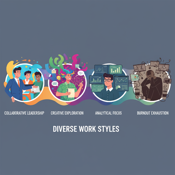 Μια σύγχρονη εικονογραφημένη απεικόνιση διαφορετικών επαγγελματικών προσωπικοτήτων και ρυθμών εργασίας μέσα σε ένα δυναμικό οπτικό σχέδιο.