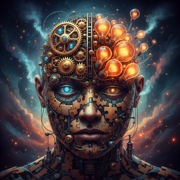 Μια εικόνα που απεικονίζει το ανθρώπινο μυαλό ως μια μηχανή με γρανάζια, λάμπες και κομμάτια παζλ, συμβολίζοντας αναλυτική, δημιουργική και πρακτική σκέψη.