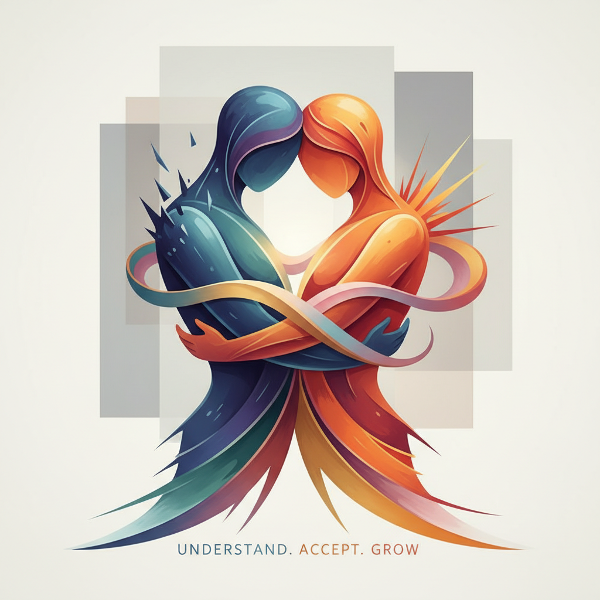 Αφηρημένη και συμβολική απεικόνιση ενός ζευγαριού που επικοινωνεί, με γραμμές και χρώματα που αντιπροσωπεύουν συναισθήματα και συγκρούσεις.