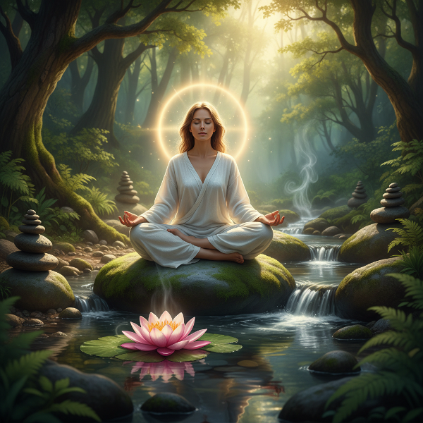 Μια εικόνα που απεικονίζει έναν άνθρωπο σε κατάσταση διαλογισμού σε ένα φυσικό περιβάλλον, συμβολίζοντας την εσωτερική ισορροπία και ευεξία.