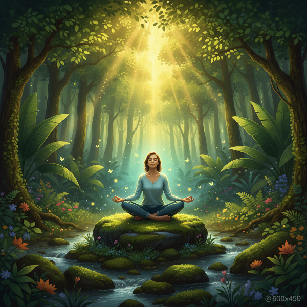 Ένας άνθρωπος σε ηρεμία μέσα σε ένα πλούσιο δάσος, που απεικονίζει την θεραπευτική σύνδεση με τη φύση για την ψυχική ευεξία.