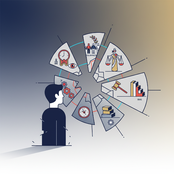 Μια αφηρημένη απεικόνιση ενός ατόμου που κοιτάζει σε έναν σπασμένο καθρέφτη, όπου κάθε θραύσμα αντανακλά διαφορετικές κοινωνικές καταστάσεις και σύμβολα.