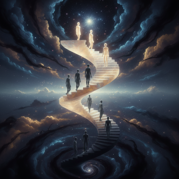 Μια συμβολική εικόνα μιας σπειροειδούς σκάλας σε κοσμικό κενό, που απεικονίζει ανθρώπους σε διαφορετικές καταστάσεις κίνησης (άνοδος, στασιμότητα, κάθοδος) μέσα σε ένα ονειρικό, μεταβατικό τοπίο.