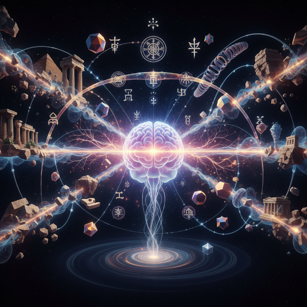 Μια σουρεαλιστική απεικόνιση ενός εγκεφάλου που δημιουργεί γέφυρες μεταξύ αφηρημένων συμβόλων, παλαιών εμπειριών και σύγχρονων μορφών, συμβολίζοντας την ικανότητα για αόρατες συνδέσεις.