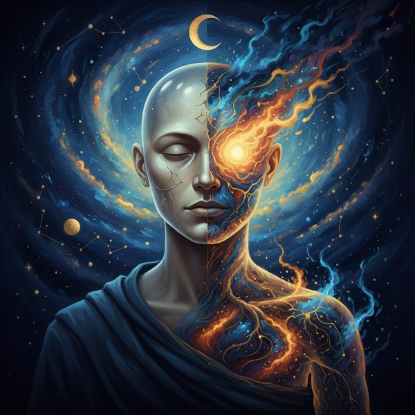 Μια σουρεαλιστική απεικόνιση ενός προσώπου με διαφανές έξωτερό προσωπείο που αποκαλύπτει ένα λαμπερό εσωτερικό εαυτό, συμβολίζοντας την έννοια του τεστ.