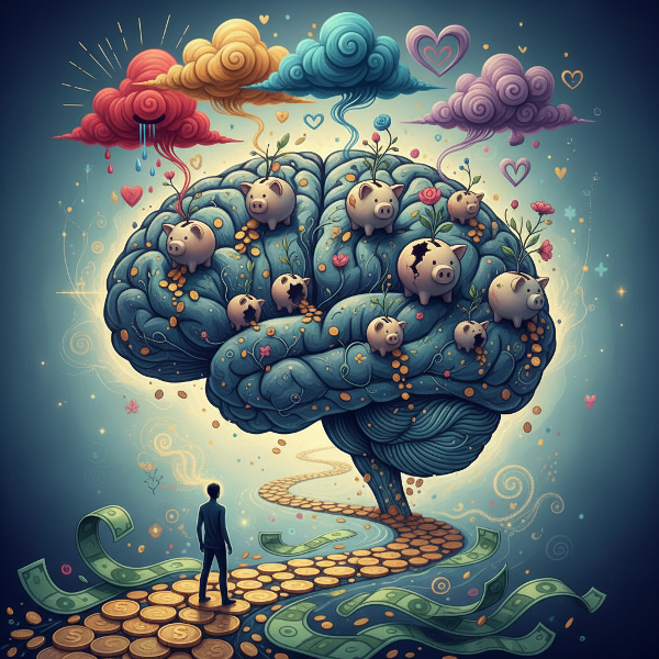 Μια συμβολική, ονειρική εικόνα που απεικονίζει το χρήμα ως ψυχολογικό τοπίο, με ένα ανθρώπινο σχήμα να περπατά σε ένα μονοπάτι από νομίσματα προς ένα δάσος με μορφή εγκεφάλου.