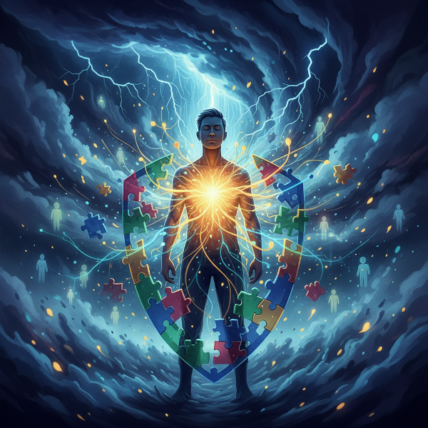 Μια συμβολική απεικόνιση της ψυχικής ανθεκτικότητας, όπου ένα άτομο ανθίσταται σε μια καταιγίδα με εσωτερικό φως, υποστηριζόμενο από μια δίκτυο συνδέσεων και ασπίδα από κομμάτια παζλ.