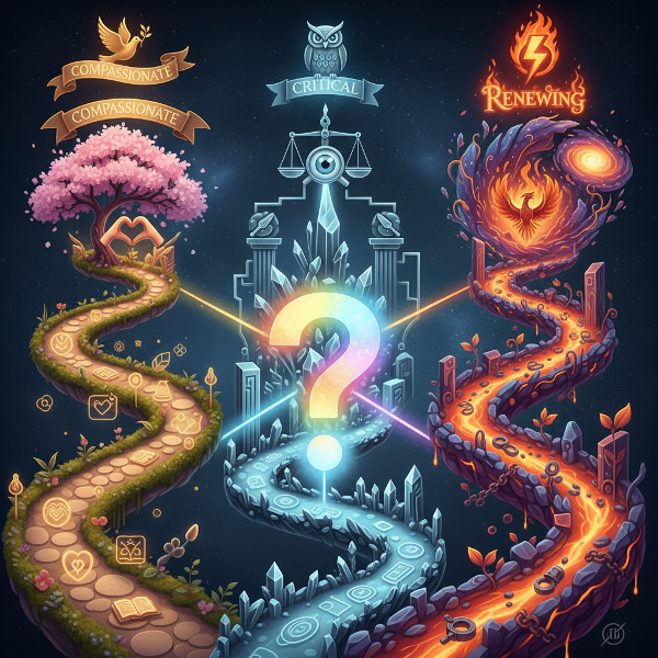 Μια συμβολική εικόνα που απεικονίζει ένα τεστ προσωπικότητας με τρία διαφορετικά μονοπάτια που αποκλίνουν από ένα κεντρικό ερωτηματικό.