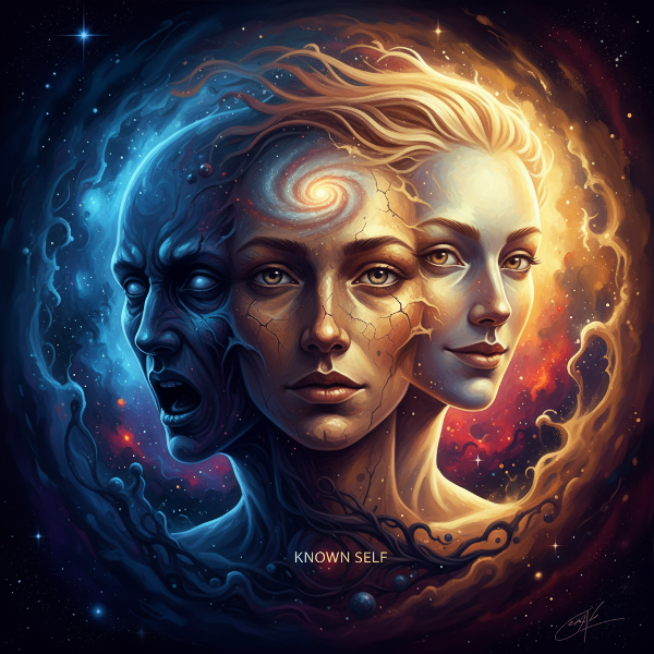 Μια σουρεαλιστική ψηφιακή ζωγραφιά ενός προσώπου με τρία διαφορετικά, επικαλυπτόμενα πρόσωπα που αναδύονται από σκιές και φως, σε ένα κοσμικό, ενδοσκοπικό περιβάλλον.