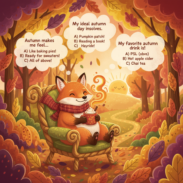 Μια παιχνιδιάρικη εικονογράφηση με πτώση φύλλων και ένα χαρακτήρα που σκέφτεται ερωτήσεις τεστ για το φθινόπωρο.