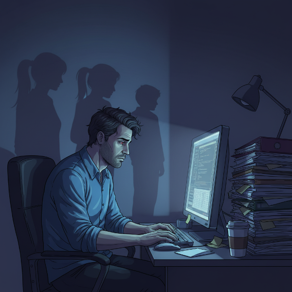 Ένας άντρας παγιδευμένος σε έναν κύκλο νυχτερινών ηλεκτρονικών παιχνιδιών, με κούραση και ένταση, ενώ η οικογένεια και οι εργασιακές υποχρεώσεις παραμένουν στο παρασκήνιο.