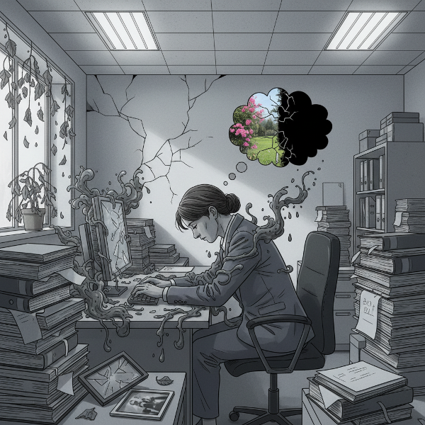 Μια γυναίκα λογίστρια σε ένα γκρίζο και καταπιεστικό γραφείο, που αντιμετωπίζει απώλεια κίνητρου και δύναμης θέλησης μετά από ένα τραυματικό διαζύγιο, με την εσωτερική της κατάσταση να αντικατοπτρίζεται στον επαγγελματικό της χώρο.