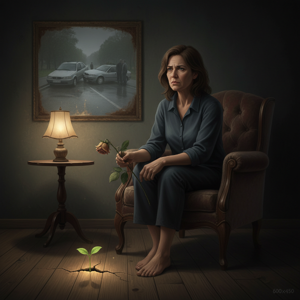 Μια γυναίκα σε ένα δωμάτιο με μια αμυδρή αντανάκλαση ενός τροχαίου ατυχήματος, κρατώντας ένα μαραμένο λουλούδι, ενώ μια μικρή βλαστάρι αναδύεται από το πάτωμα.
