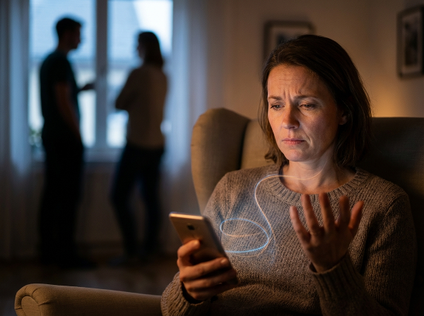 Μια γυναίκα μέσης ηλικίας κρατά ένα φωτισμένο κινητό τηλέφωνο που φωτίζει το πρόσωπό της, ενώ στο βάθος αμυδρές σιλουέτες αντιπροσωπεύουν την αποξένωση στις σχέσεις της. Μια ανεπαίσθητη δέσμη φωτός συνδέει την καρδιά της με τη συσκευή, συμβολίζοντας τις εμμονικές συνήθειες και τον εσωτερικό αγώνα.
