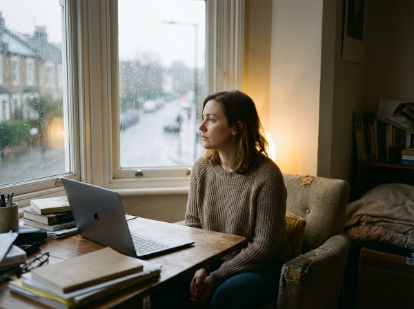 Μια νεαρή γυναίκα κοιτάζει έξω από το παράθυρο σε μια γκρίζα μέρα, με έκφραση συναισθηματικής μούδιασης και κούρασης, ενώ μια απαλή χρυσή λάμψη αγγίζει τον ώμο της.