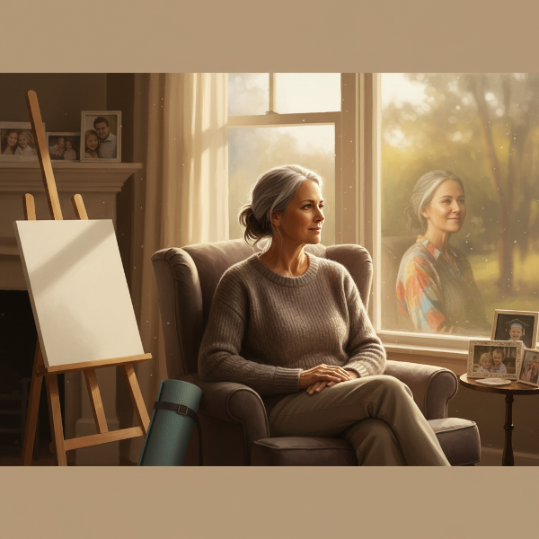 Μια γυναίκα μέσης ηλικίας σε σκέψη μπροστά σε ένα παράθυρο, συμβολίζοντας την εσωτερική αναζήτηση και τη μετάβαση σε νέα φάση ζωής.