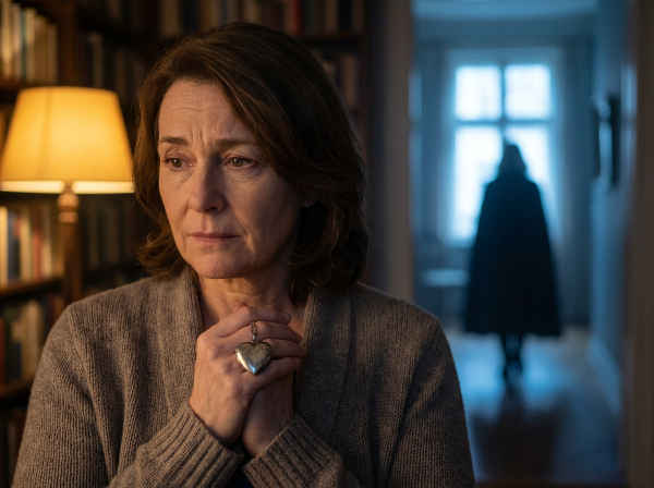 Μια γυναίκα κρατάει ένα μενταγιόν, ενώ μια σκιαχή φιγούρα απομακρύνεται, απεικονίζοντας την ανησυχία για συναισθηματική απόσταση σε μια σχέση.