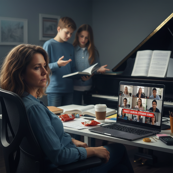 Μια εξαντλημένη γυναίκα σε ηλικία 47 ετών σε σύγχρονο γραφείο στο σπίτι, με πολλαπλά παράθυρα βιντεοκλήσεων στον υπολογιστή, δύο έφηβα παιδιά που χρειάζονται βοήθεια και ένα αχρησιμοποίητο πιάνο, που απεικονίζει χρόνιο στρες και κίνδυνο πλήρους εξάντλησης.