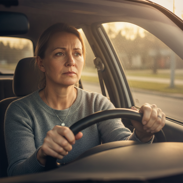 Μια γυναίκα μέσα σε ένα σταθμευμένο αυτοκίνητο, αντιμετωπίζοντας τον φόβο της για την οδήγηση μετά από ένα ατύχημα, με μια έκφραση που συνδυάζει αγωνία και ελπίδα.