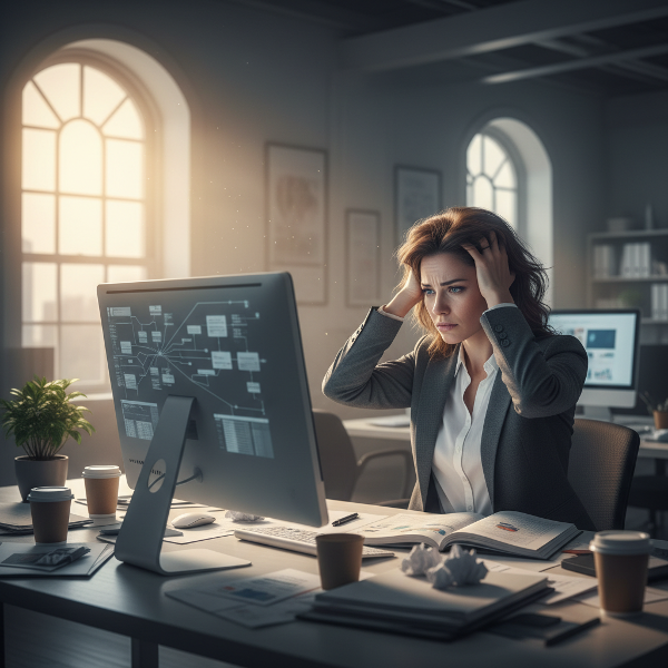 Μια γυναίκα σε επαγγελματικό γραφείο, που φαίνεται συγκλονισμένη και κουρασμένη, με μια αχτίδα ελπίδας που υποδηλώνει τη δυνατότητα απελευθέρωσης από το άγχος και την υπερβολική ανάλυση.