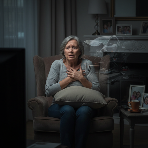 Μια γυναίκα μεσαίας ηλικίας βιώνει κρίση πανικού στο σαλόνι της, με ένα αδιόρατο ίχνος ενός τροχαίου ατυχήματος να την περιβάλλει, συμβολίζοντας το παλιό τραύμα και τον τρέχοντα φόβο.