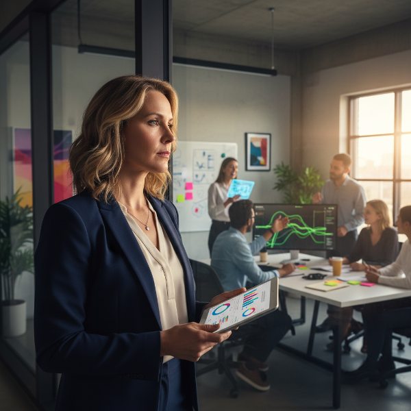 Μια επαγγελματίας γυναίκα σε σύγχρονο γραφείο σκέφτεται με προβληματισμό, ενώ βλέπει νεότερους συναδέλφους να εργάζονται σε πιο ενδιαφέροντα έργα.