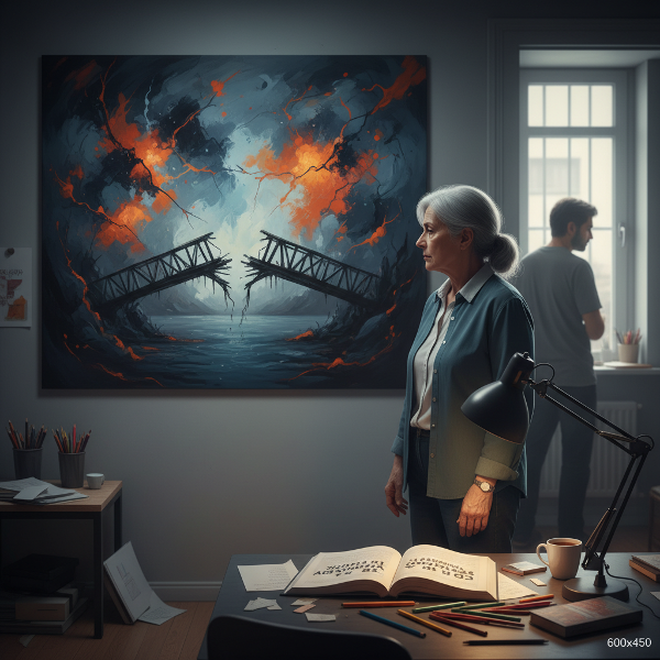 Μια γυναίκα μετριών ηλικιών σε ένα σαλόνι με ένταση κοιτάζει έναν αφηρημένο πίνακα που συμβολίζει συναισθηματική αποξένωση, ενώ στο βάθος ο σύντροφός της είναι απομακρυσμένος. Ένα βιβλίο με τεχνικές θεραπείας φωτίζεται.