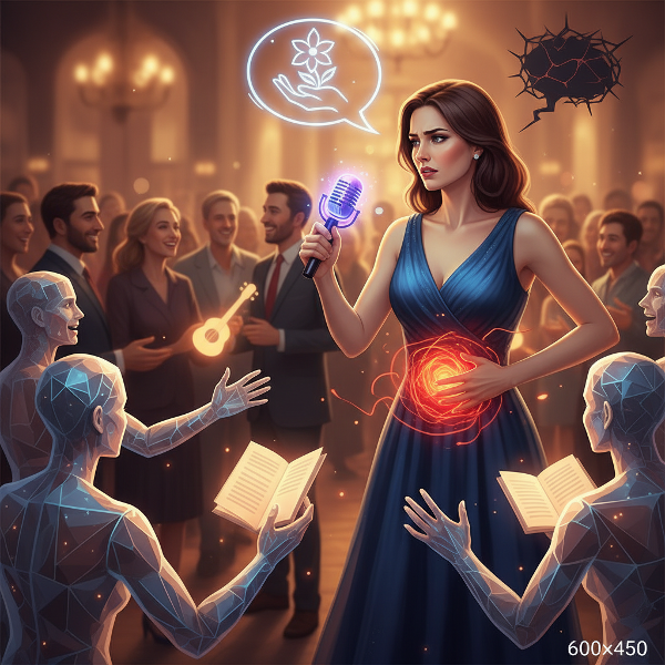 Μια γυναίκα αντιμετωπίζει σωματικοποιημένο άγχος πριν από αυθόρμητη κοινωνική αλληλεπίδραση, με τη σκηνή να συμβολίζει την εσωτερική σύγκρουση και την επιθυμία για σύνδεση.