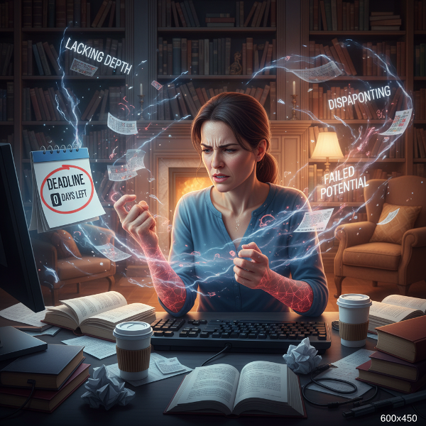 Μια συγγραφέας αντιμετωπίζει ψυχοσωματικό πόνο στα χέρια κατά τη δουλειά, με οπτικά στοιχεία πίεσης και άγχους.