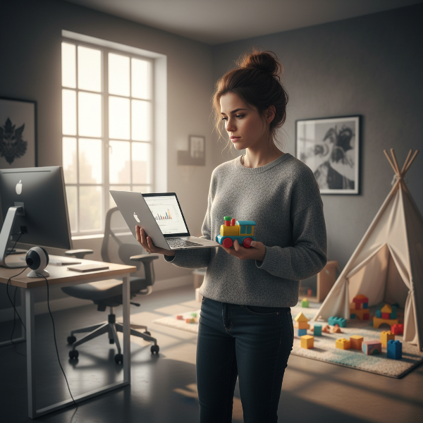 Μια νεαρή μητέρα σε σύγχρονο σπίτι, που αντιμετωπίζει την ένταση μεταξύ επαγγελματικών και οικογενειακών ρόλων, με στοιχεία που συμβολίζουν την εξάντληση και την αναζήτηση ισορροπίας.