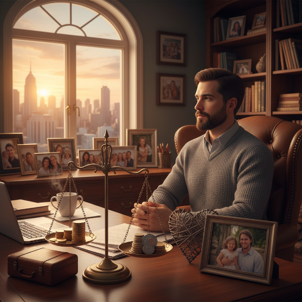 Ένας νεαρός άνδρας σε γραφείο σκέφτεται ένα επαγγελματικό δίλημμα, με τη σκέψη να ισορροπήσει μεταξύ οικονομικής ευκαιρίας και οικογενειακών δεσμών.