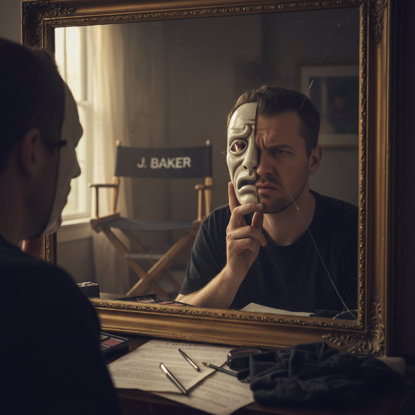 Ένας νεαρός ηθοποιός κοιτάζεται στον καθρέφτη, όπου το αντανάκλασμά του δείχνει μια θεατρική μάσκα στη μία πλευρά και το φυσικό του πρόσωπο στην άλλη. Στο βάθος φαίνεται μια καρέκλα σκηνοθέτη. Η σκηνή μεταφέρει βαθιά ενδοσκόπηση και επαγγελματική σύγκρουση.